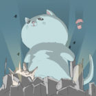 かわいい顔して町を破壊する巨大な猫のイラスト