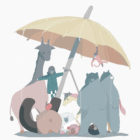 巨大傘でみんなと雨宿りのフリーイラスト