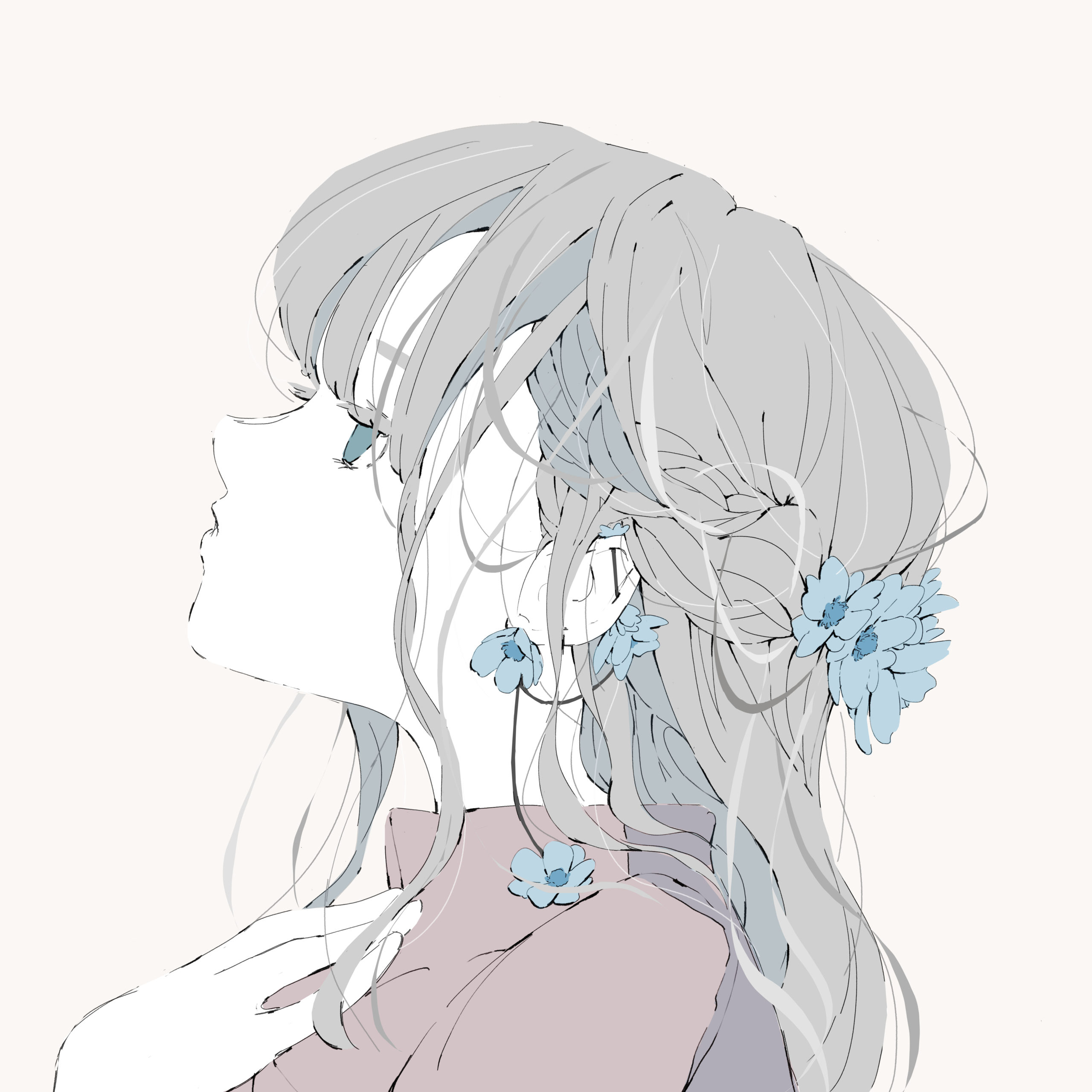 アネモネの花のピアスと髪飾りのハーフアップの女の子のフリーアイコン